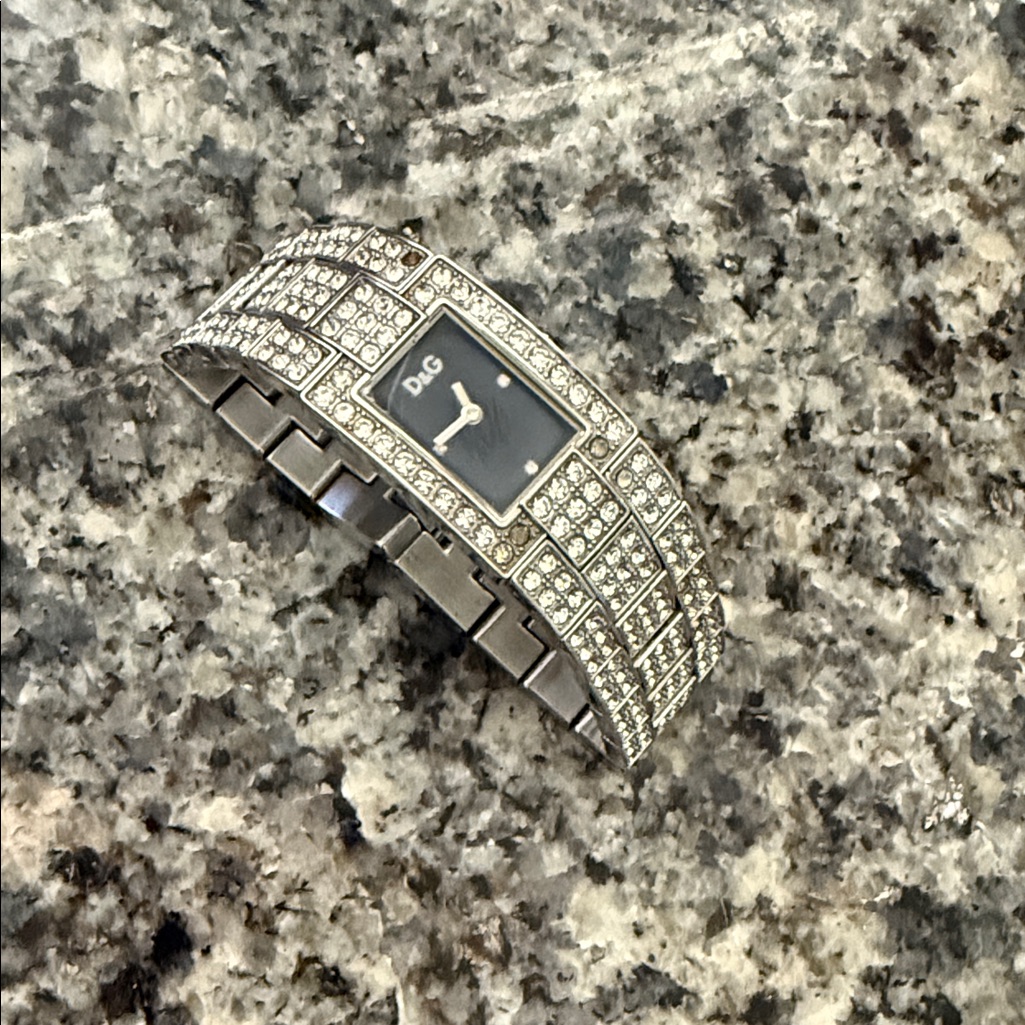 D&G Silver Crystal Pav Bracelet Watch With Black Dial